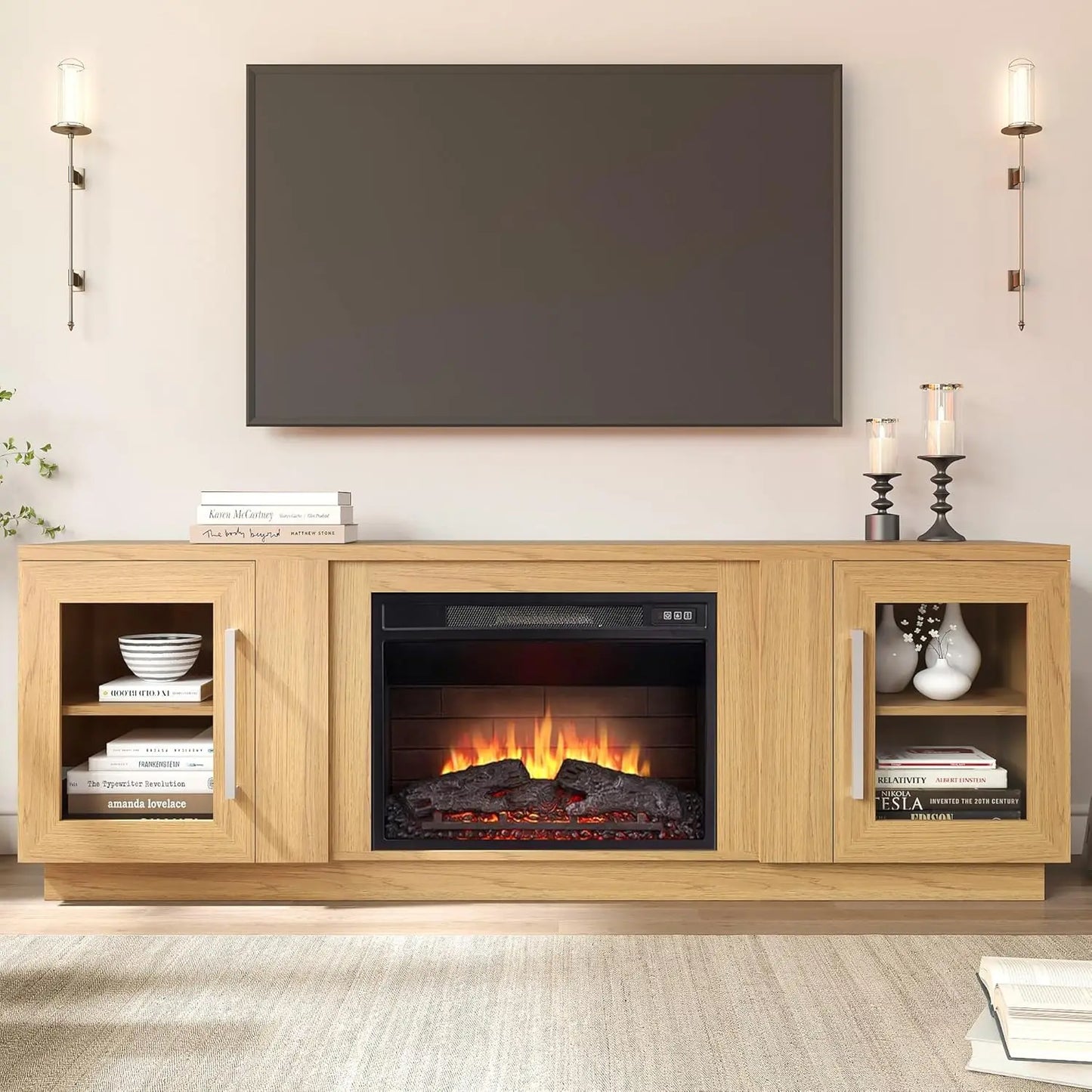 Customized 80 Inch TV Stand with Electric Fireplace, Antique White Entertainment Center Media Console, Barn Door Design with Sto