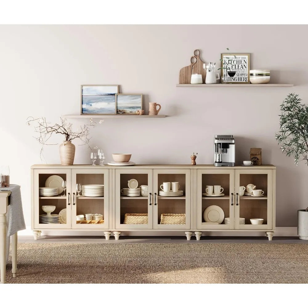 Customizable 100 Inch Light Oak Wood TV Stand, Glass Door Entertainment Center Buffet Cabinet with 6 Storage Spaces for Dining