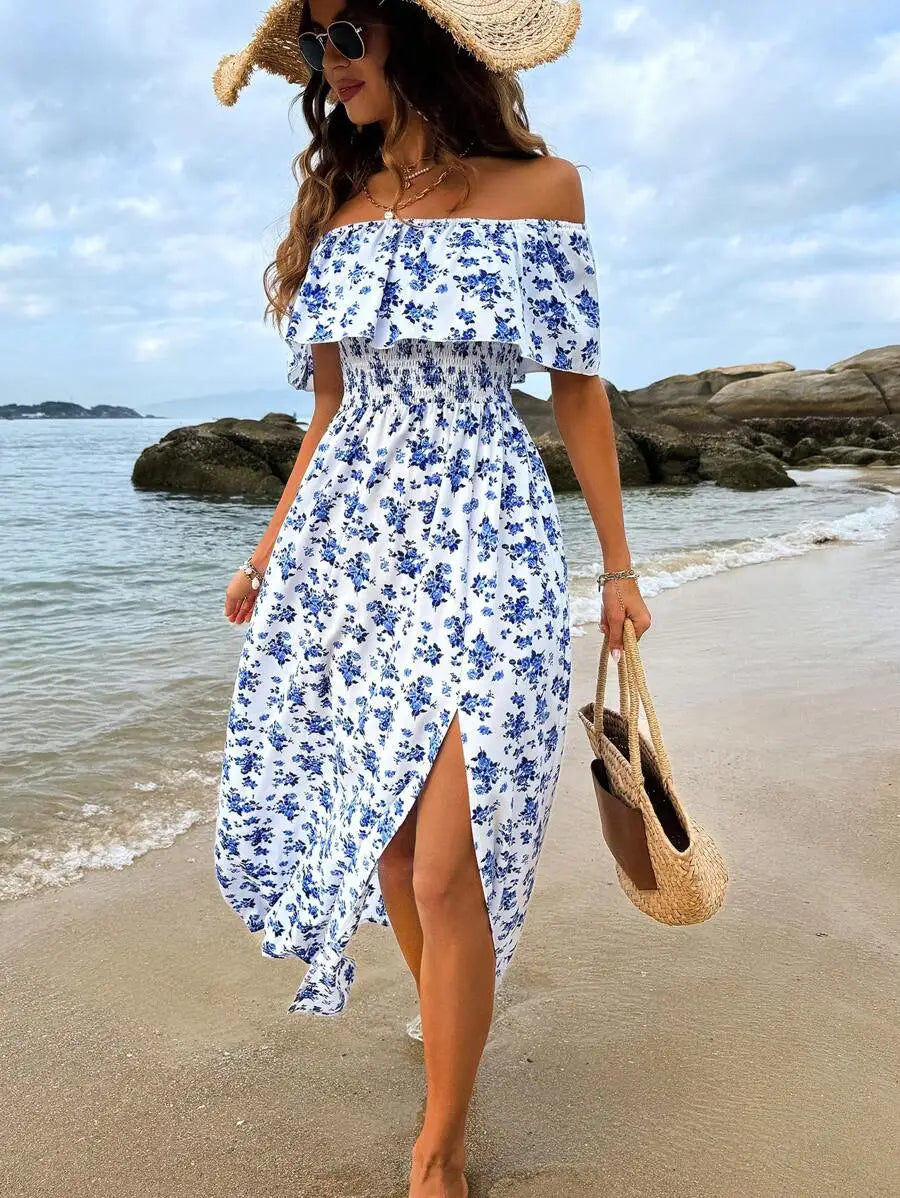 Off-Shoulder Ruffled Sleeve Floral Maxi Dress with High Slit for Beach Vacation