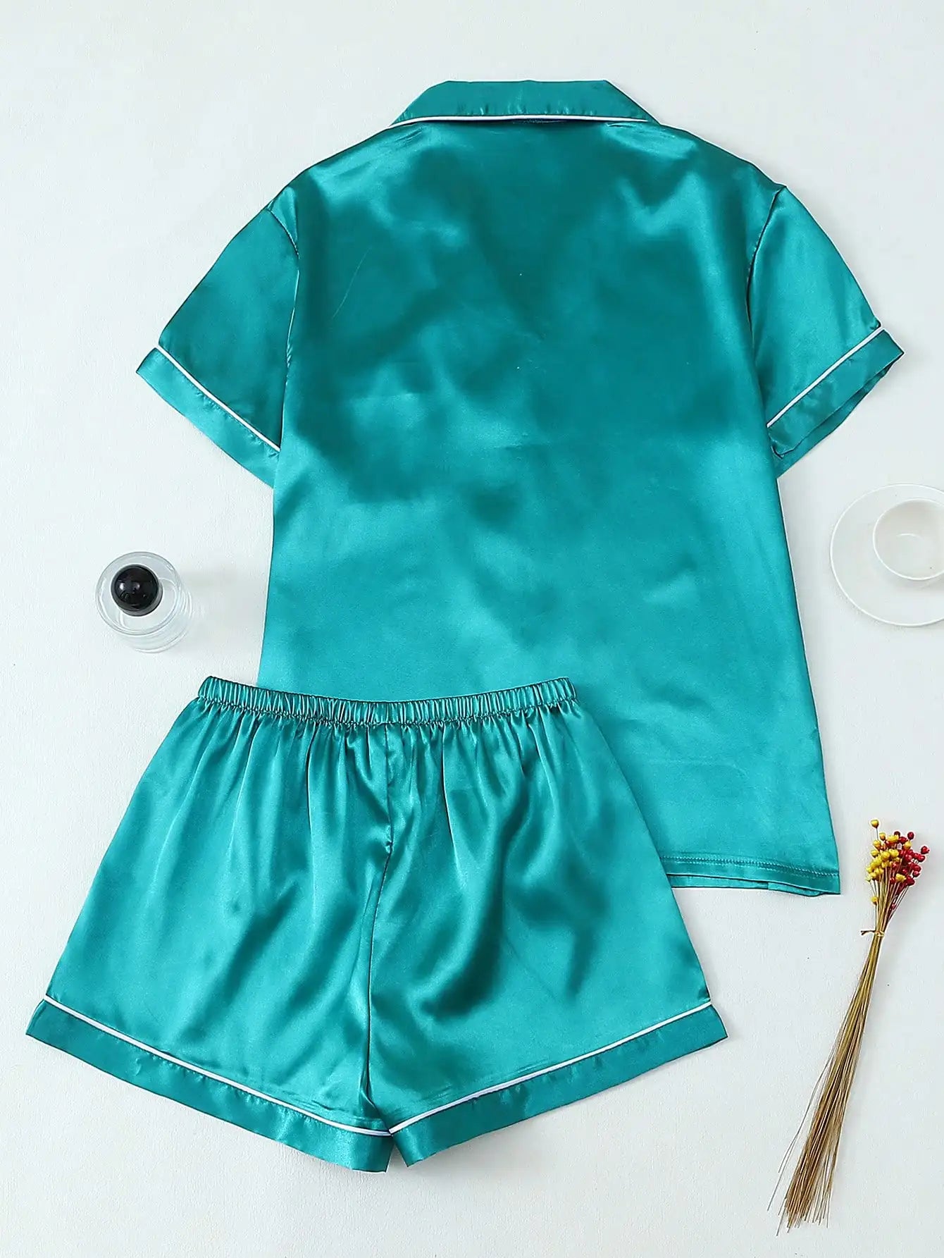 Teal Satin Pajama Set with White Trim, Short Sleeve Button-Up Top and Bowknot Shorts