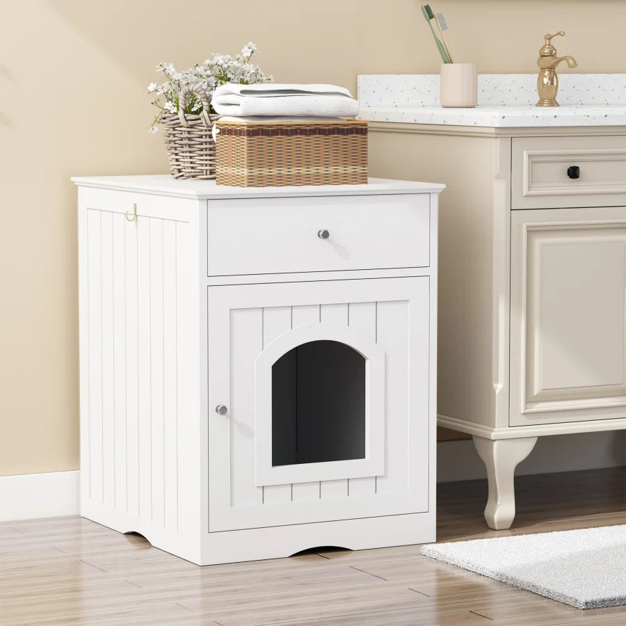 Wooden Pet House Cat Litter Box Enclosure with Drawer Side Table Indoor Pet Crate Cat Home Nightstand White