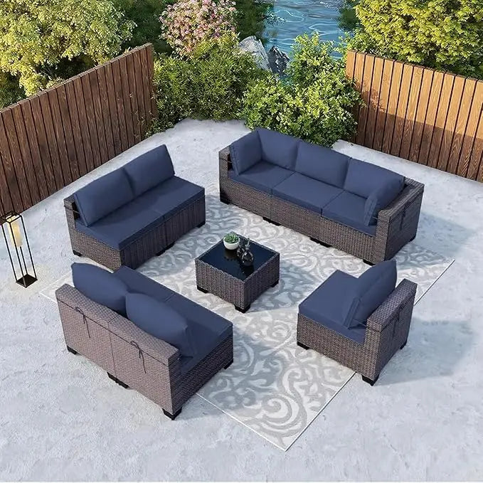 XIUWO Outdoor Patio Furniture Set Sectional Rattan Sofa With Glass Table