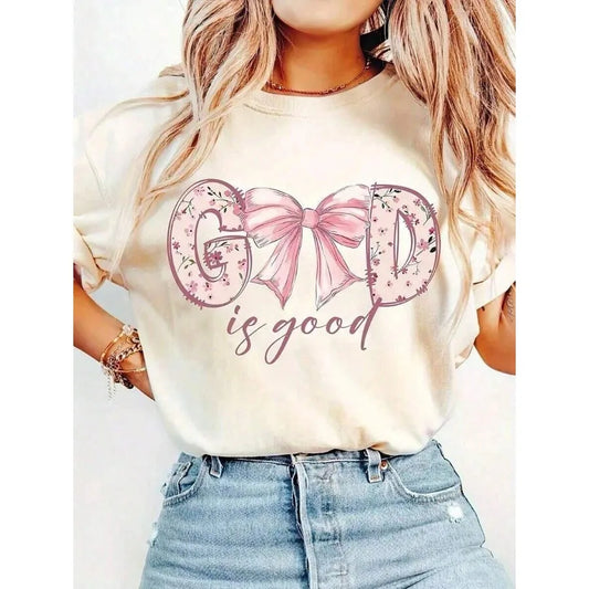 【New Arrival】God Is Good Floral Bow Print Beige Casual T-Shirt