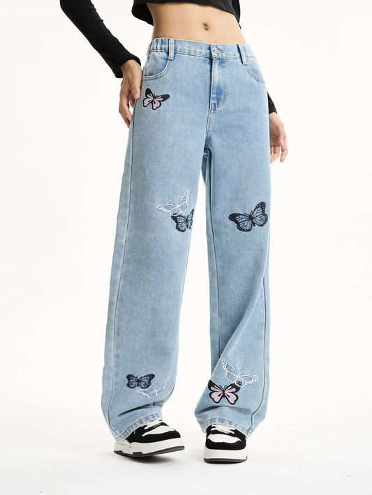 Retro butterfly embroidered long straight leg jeans for middle and high school girls and teenagers, loose and casual wide-leg st