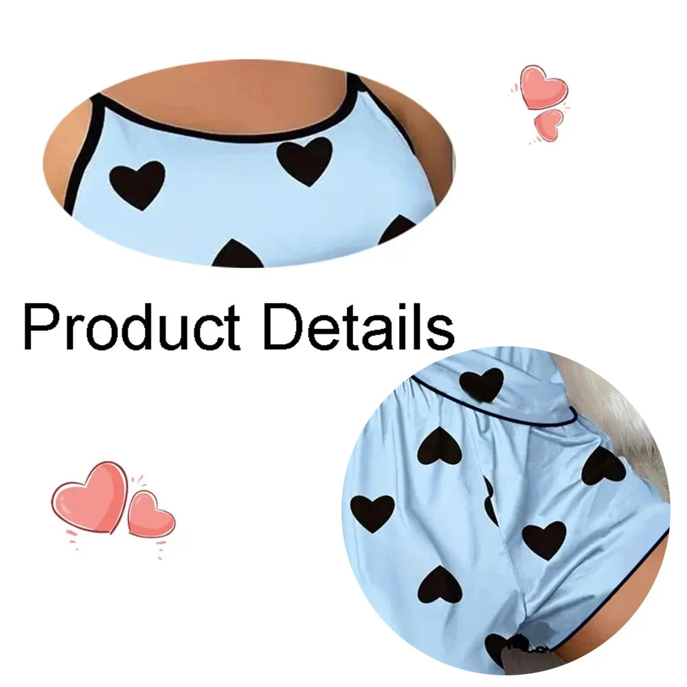 Ice Silk Pajamas for Women, Cute Heart Print Short Sleeve Sleepwear Set, Cool & Breathable Summer PJs