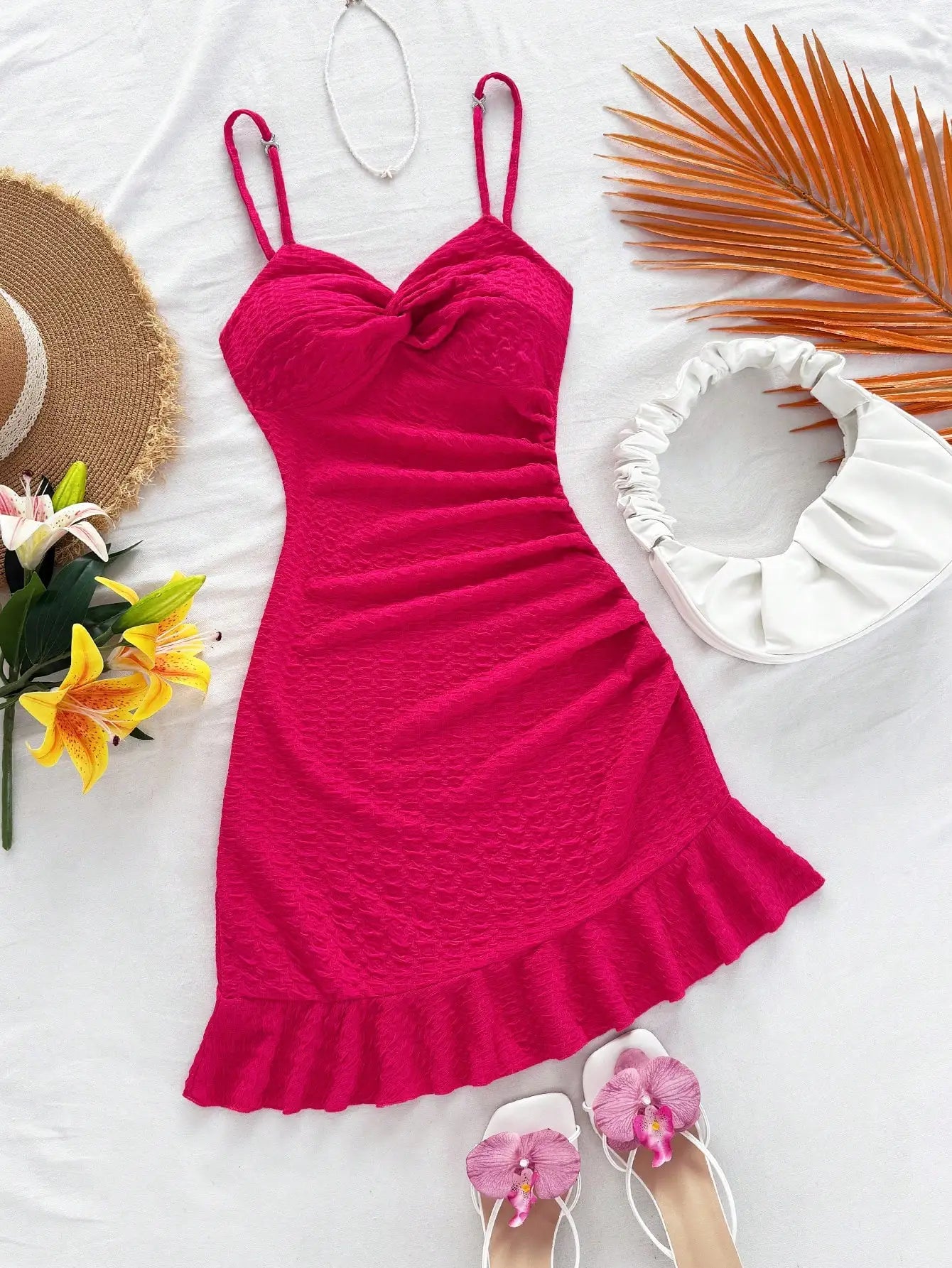 White Textured Knit Dress with Twist Bust and Ruffle Hem, Fitted Silhouette for Summer Vacations and Casual Outings