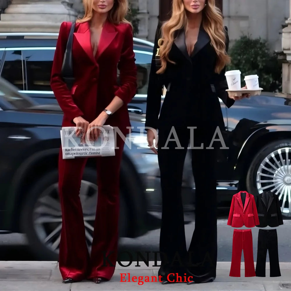 KONDALA Velvet Slim Blazer Set For Women Office Lady Style