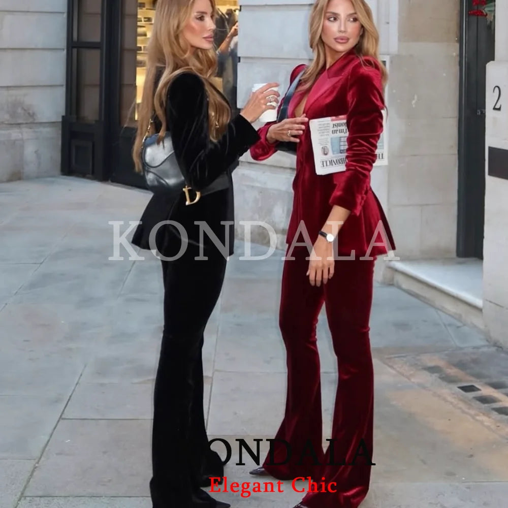 KONDALA Velvet Slim Blazer Set For Women With Pants
