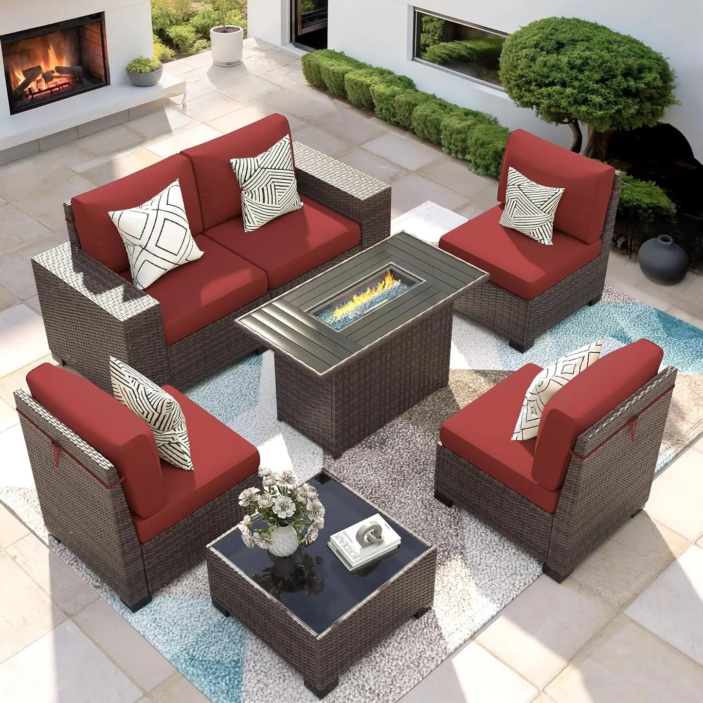 Patio Furniture Set with Fire Pit Table, 7 Piece Outdoor Sectional Conversation Sets Wicker Rattan Sectional Sofa, Customized