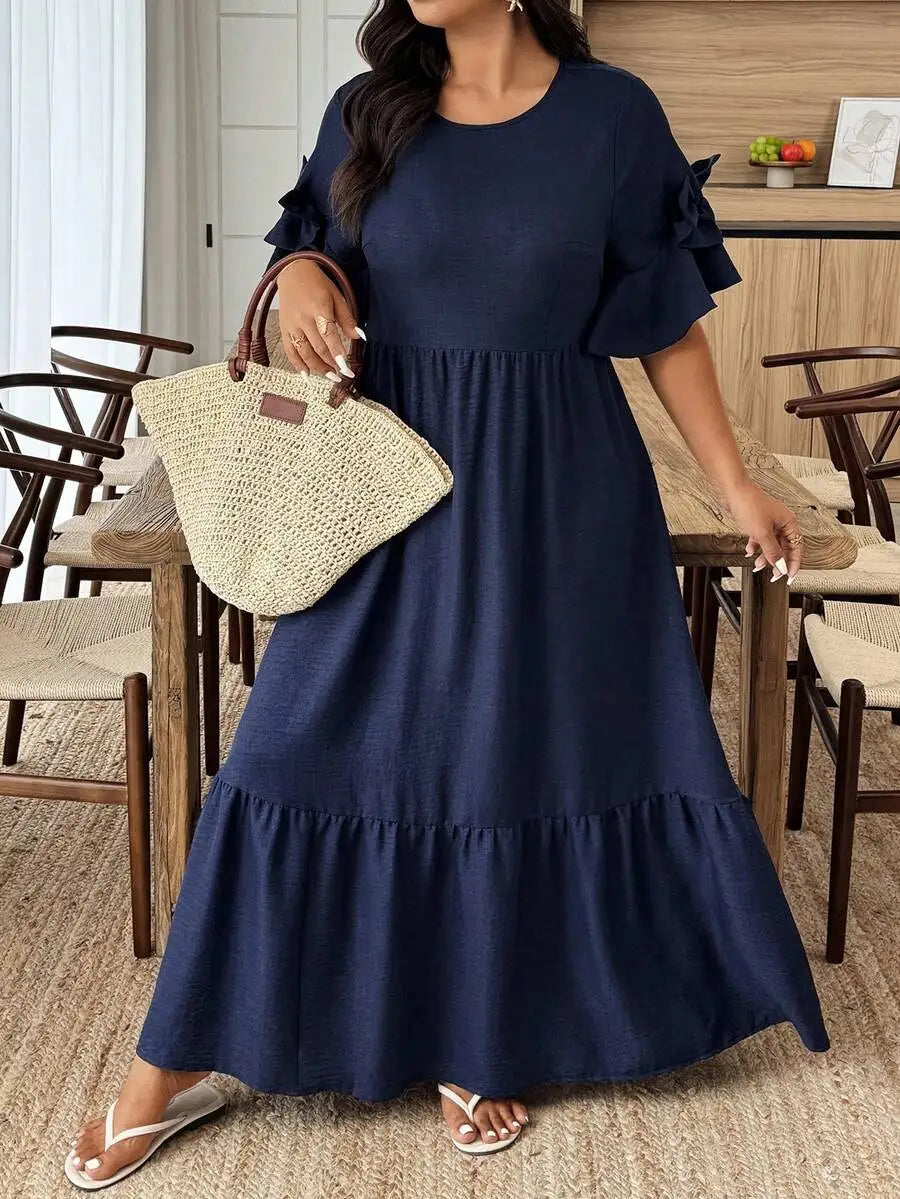 Navy Blue Solid Round Neck Ruffle Sleeve Maxi Dress with Tiered Skirt