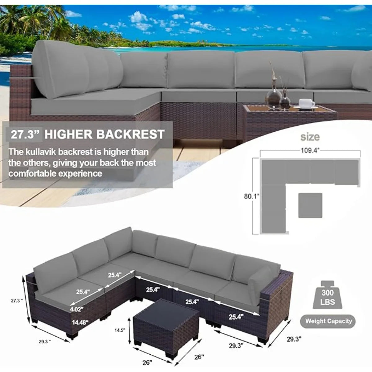 XIUWO 7-Piece Outdoor Patio Conversation Set Rattan Wicker