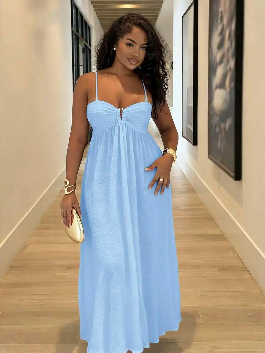 Black Pleated Sleeveless Maxi Dress with Ruched Bust, Boho Style for Summer Vacation