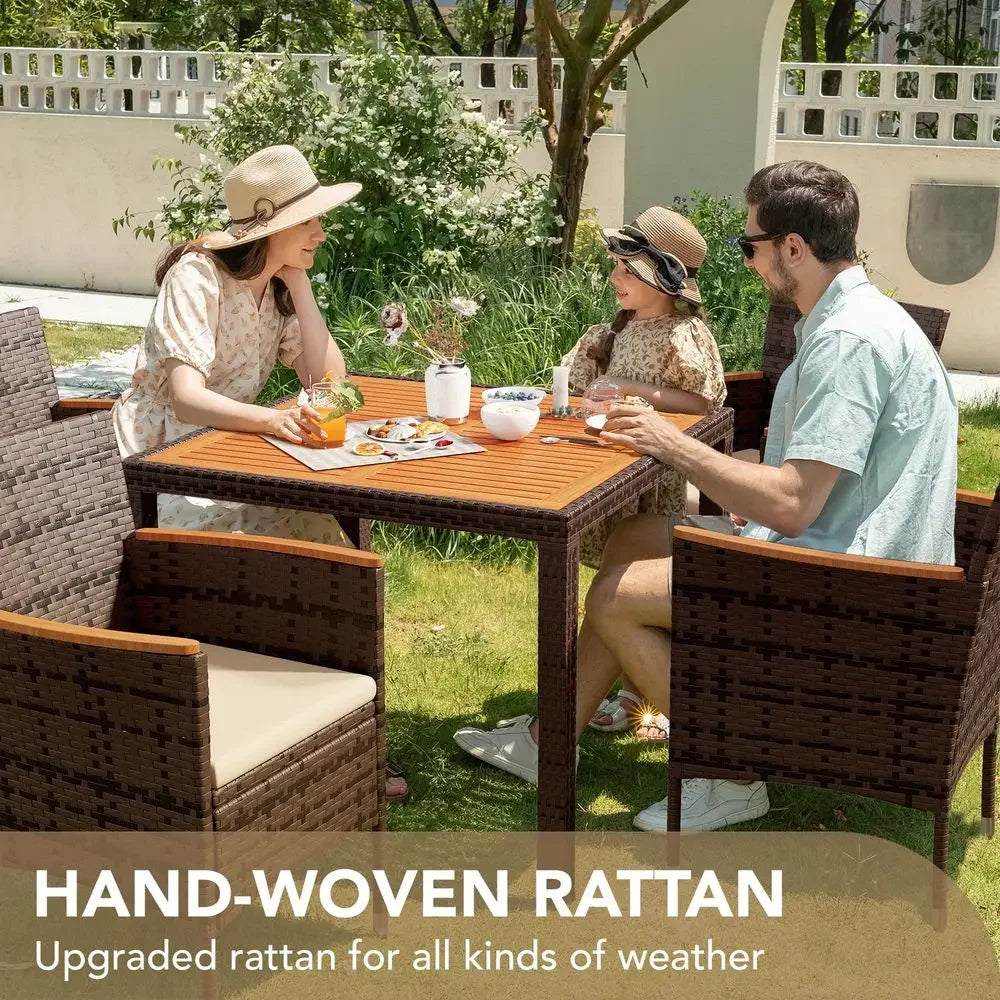 XMSJ 5 Piece Acacia Wood Patio Table Set With Rattan Chairs