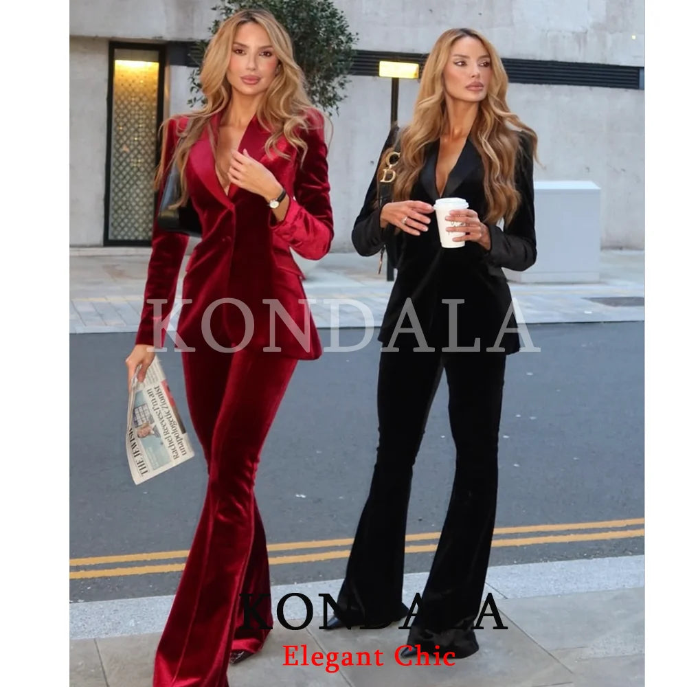 KONDALA Velvet Office Blazer Set For Women Notched Lapel With Pants