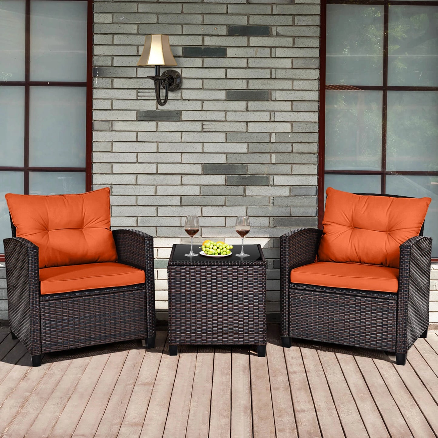 HOMASIS 3-Piece Patio Rattan Furniture Set Cushioned Conversation Sofa