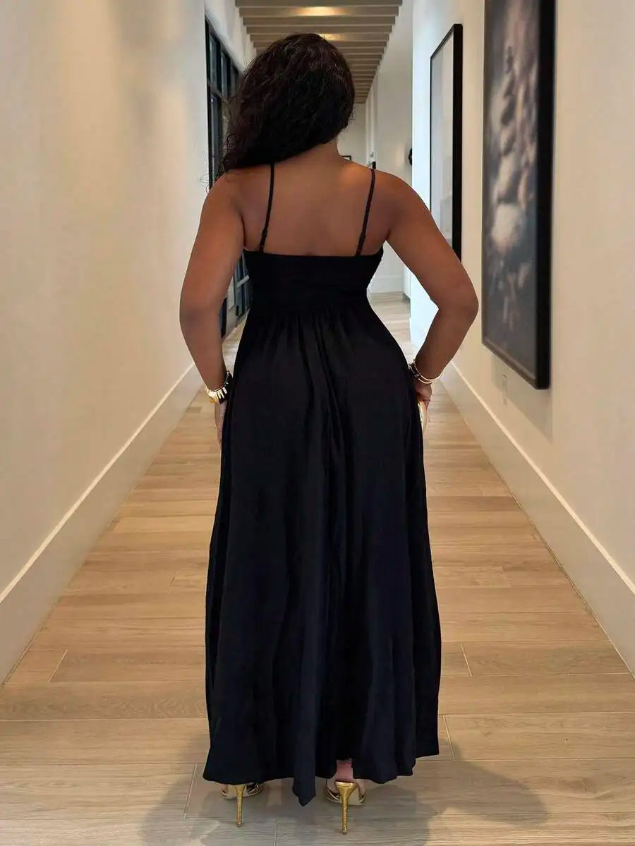 Black Pleated Sleeveless Maxi Dress with Ruched Bust, Boho Style for Summer Vacation