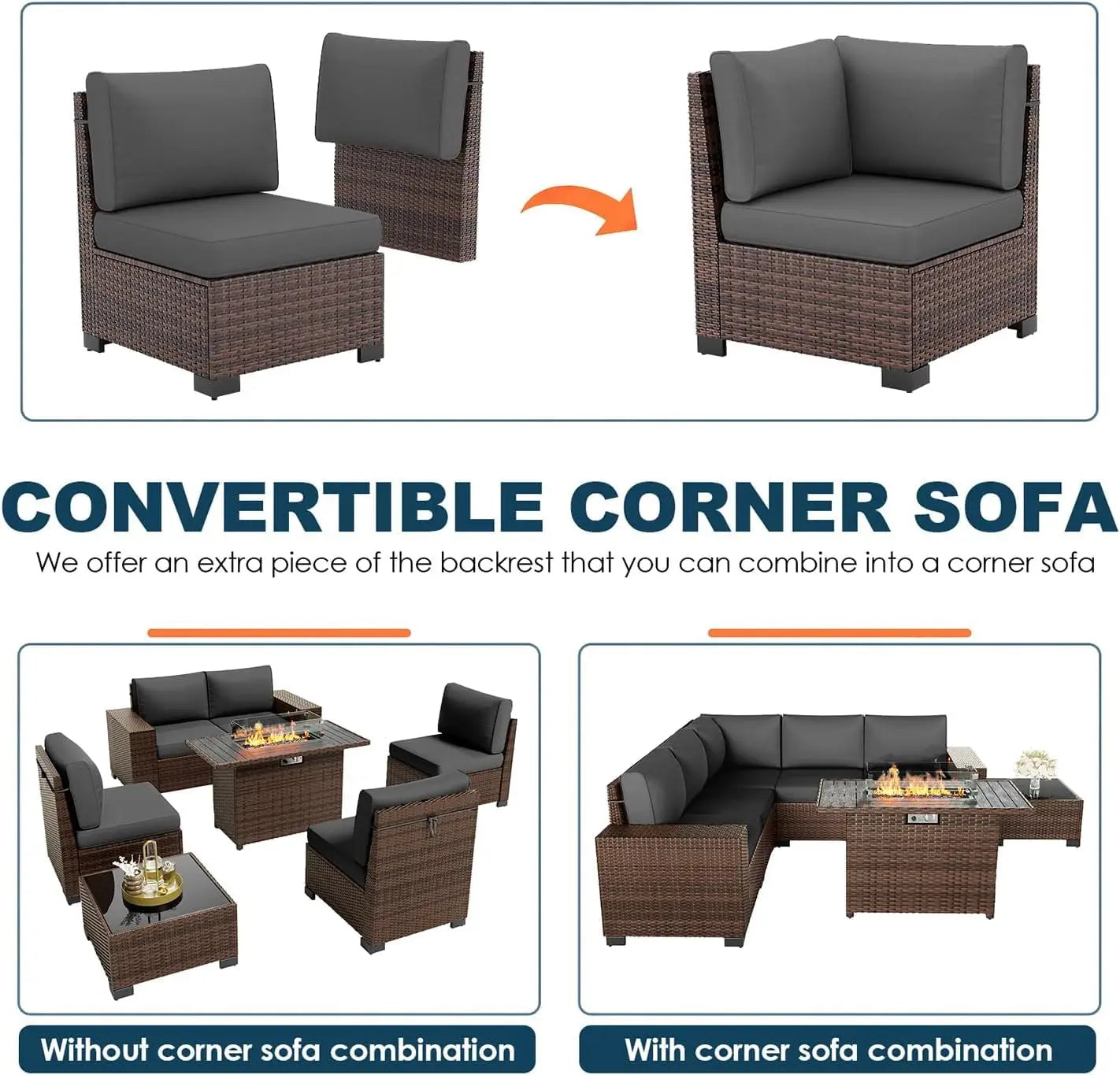 Patio Furniture Set with Fire Pit Table, 7 Piece Outdoor Sectional Conversation Sets Wicker Rattan Sectional Sofa, Customized