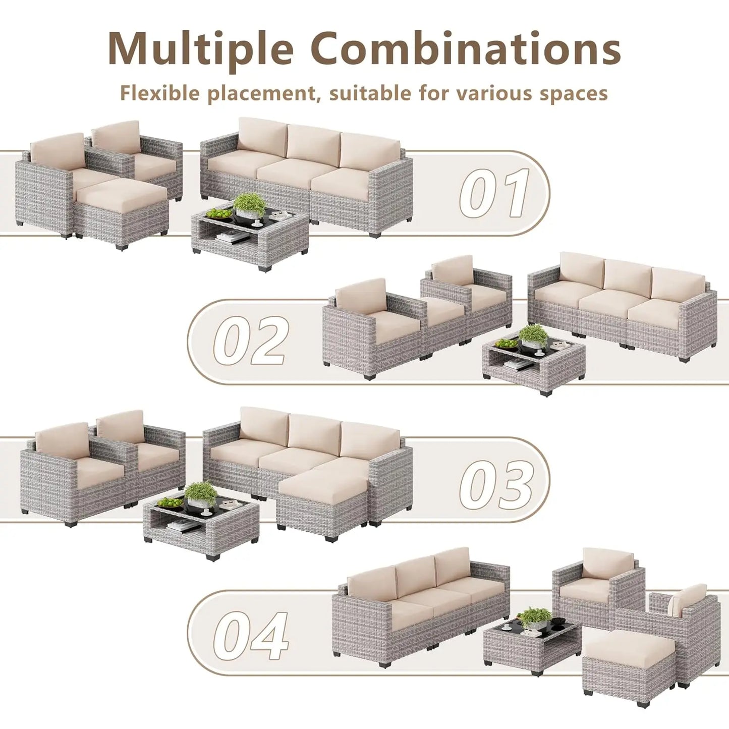 7 Piece Outdoor Patio Furniture Set, Rattan Chairs Glass Table Wicker Conversation Seating Sectional Sofa with Cushions, Custom