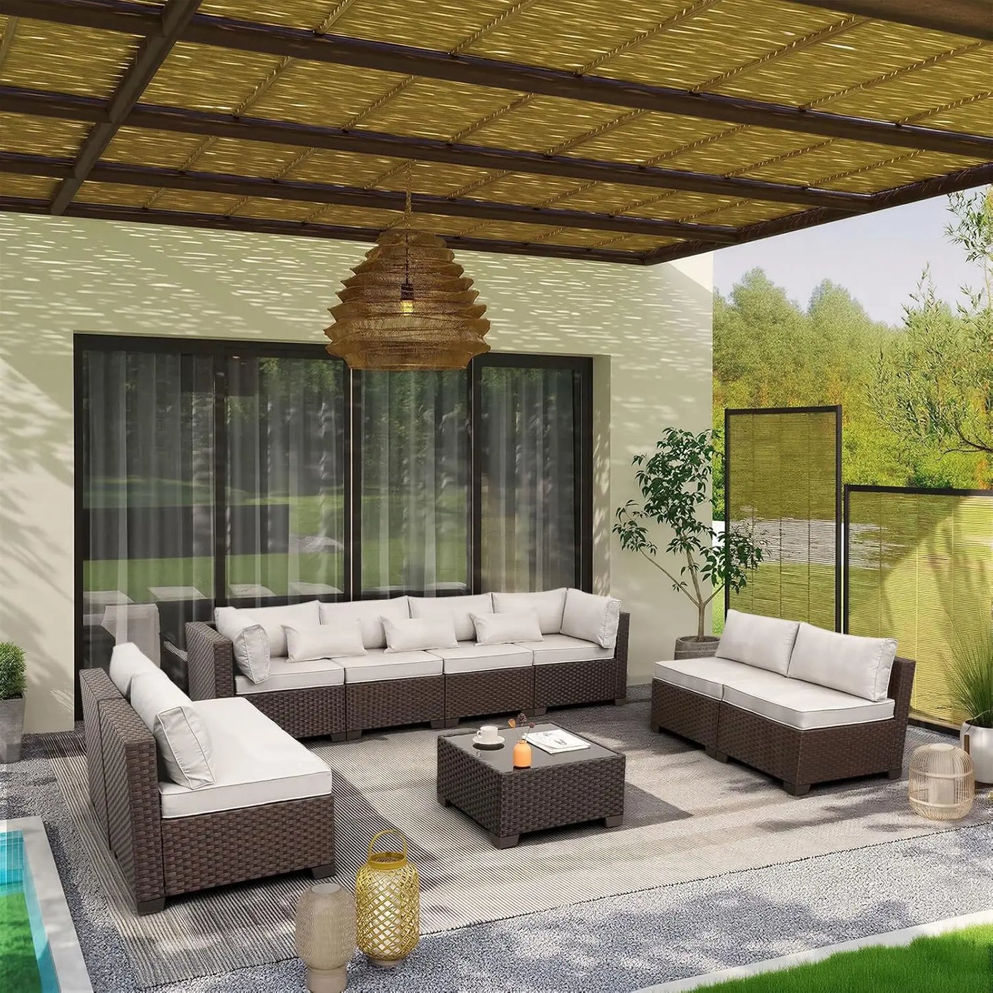 9 Pieces Outdoor Sectional All-Weather Wicker Patio Furniture Set Patio Sectional and Glass Patio Table Non-Slip, Customized