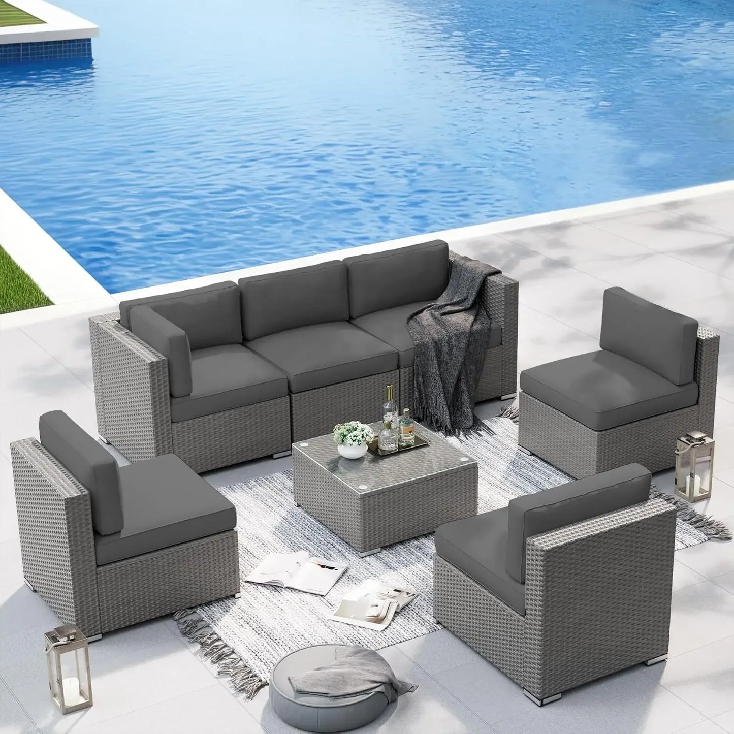 Outdoor 7 Piece Wicker Patio Furniture Set With Coffee Table