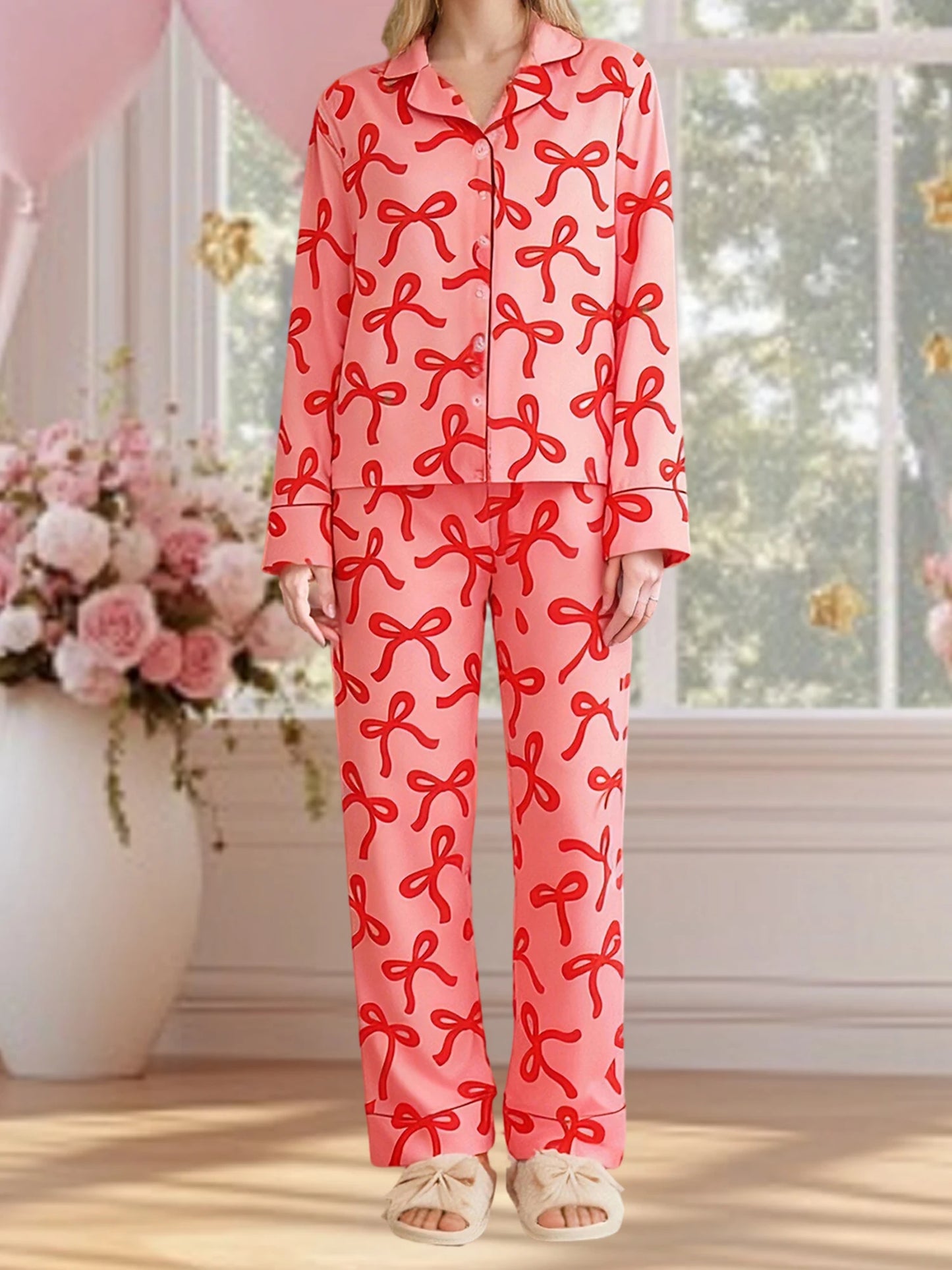 Women s 2-Piece Pajama Set featuring Long Sleeve Lapel V Neck Top with Bow Print and Button Down Detail paired with Elastic