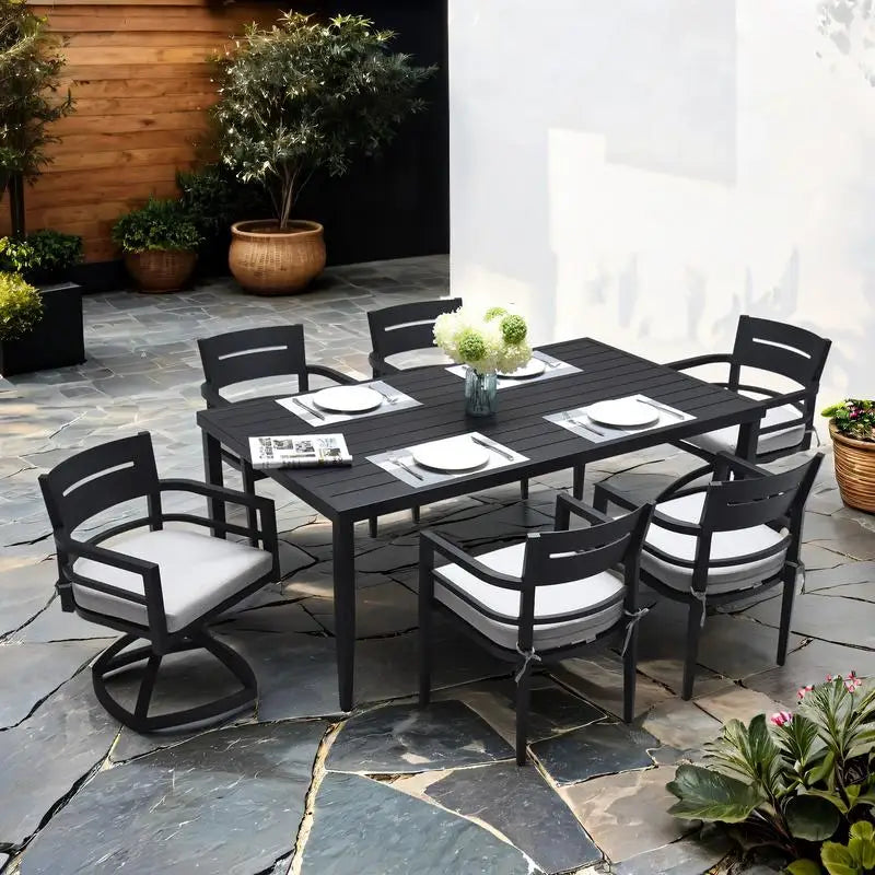 7-Piece Outdoor Patio Aluminum Furniture Set, Modern Dining Set with 4 Dining Chairs, 2 Swivel Rockers, Sunbrella Fabric