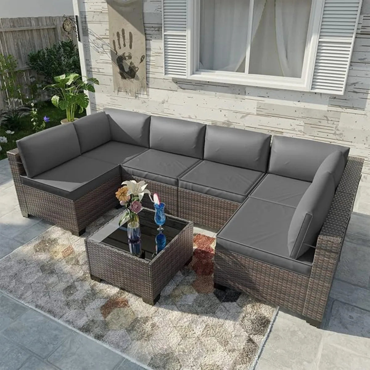 XIUWO Outdoor Patio Furniture Set Sectional Rattan Sofa
