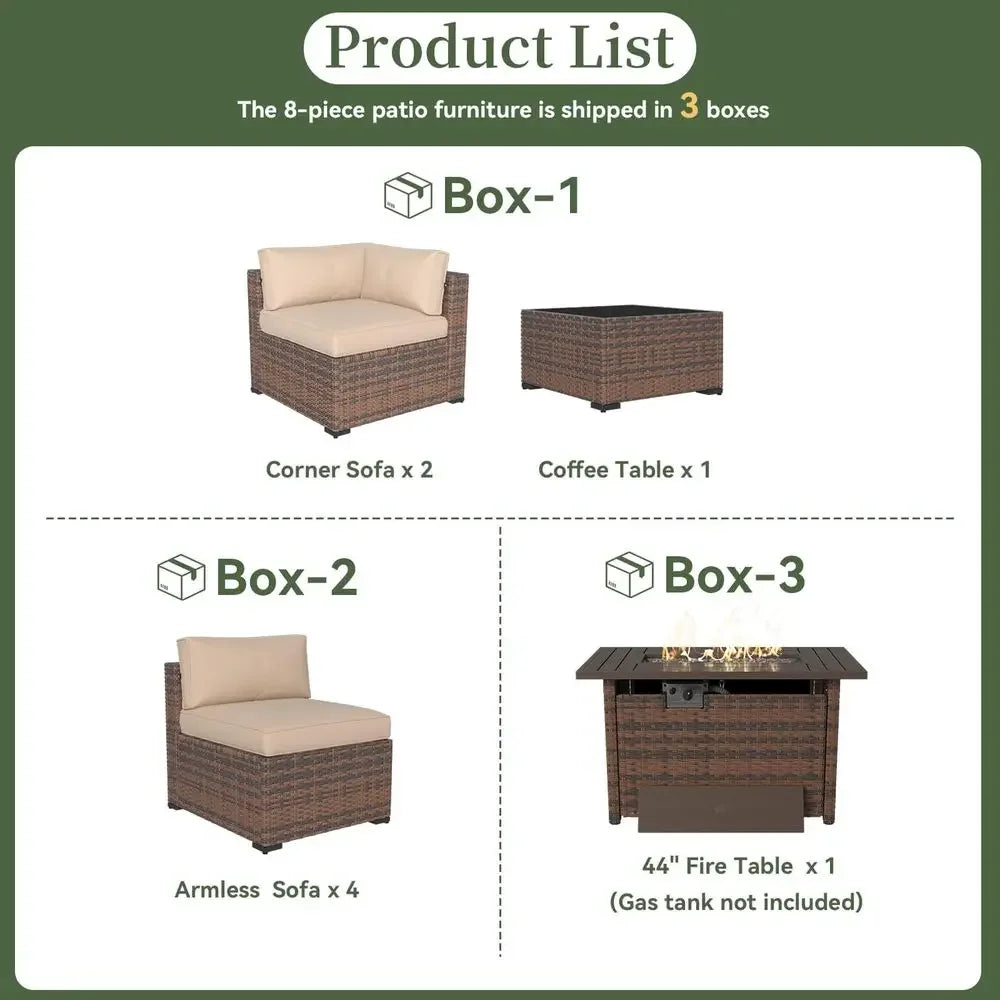 8 Piece Patio Furniture Set with 44 Fire Pit Table Wicker Rattan Outdoor Sectional Sofa Set with Coffee Table and Thickened Cus