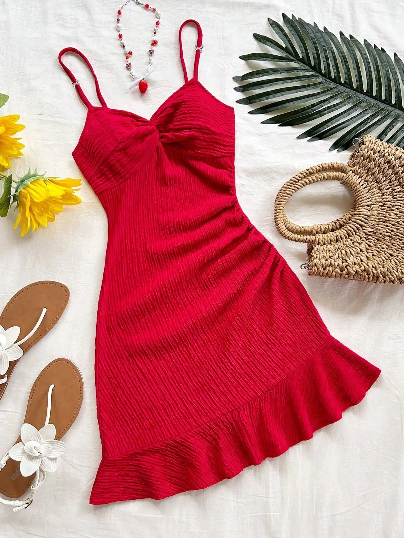 White Textured Knit Dress with Twist Bust and Ruffle Hem, Fitted Silhouette for Summer Vacations and Casual Outings