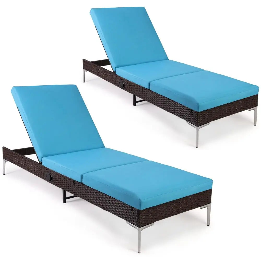 Outdoor Lounge Chairs Set of 2, Patio Wicker Chaise Lounge with Removable Cushion, Rattan Pool Sunbathing Recliners with Adjust