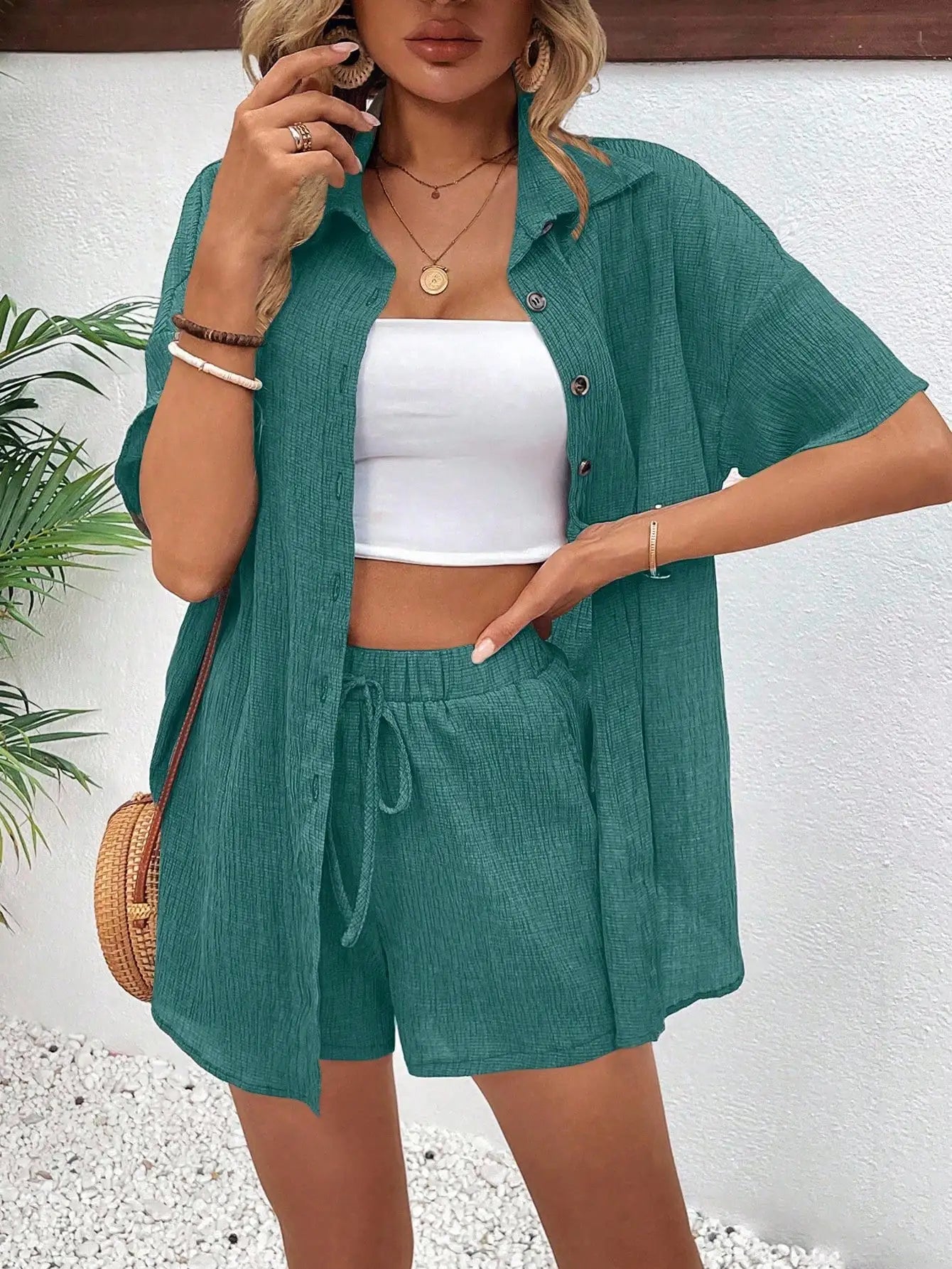 Women's Front Button Collar Short Sleeve Blouse And Tie Waist Shorts Set