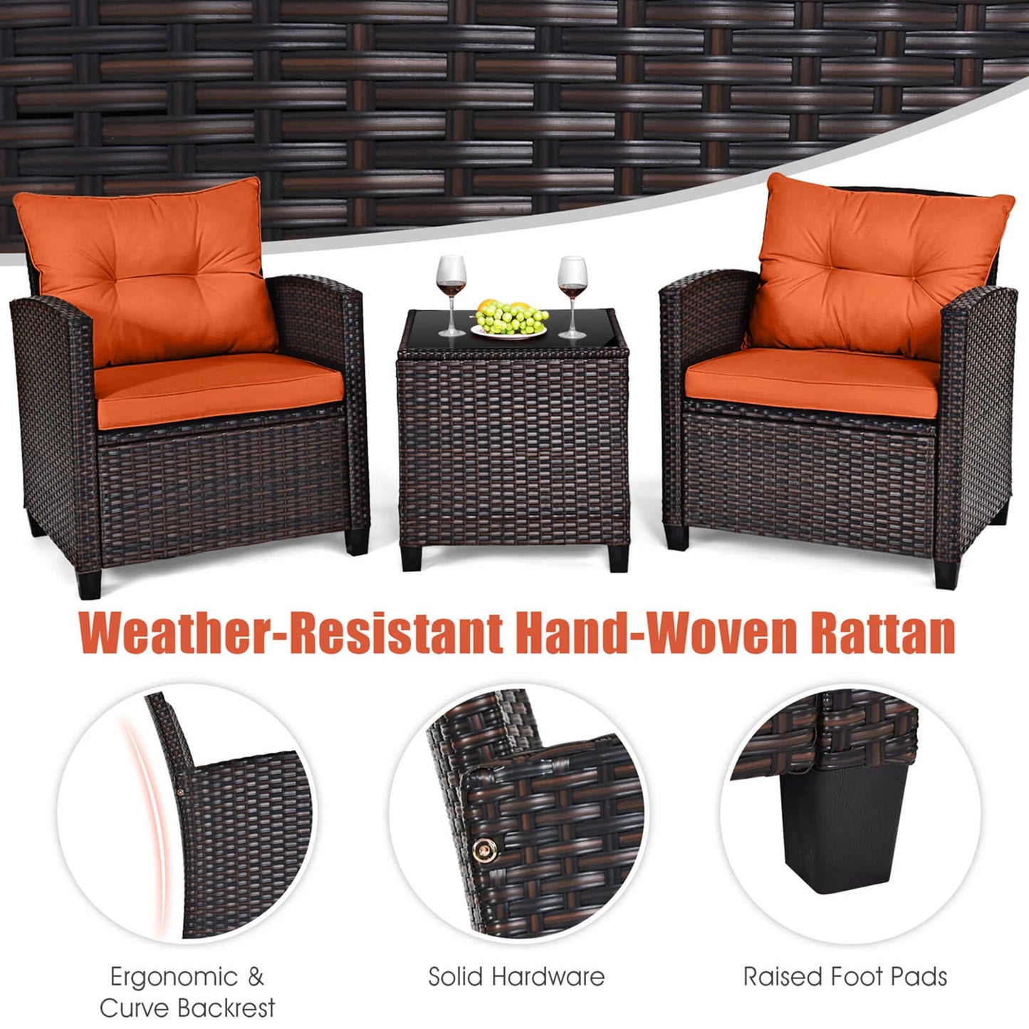 HOMASIS 3-Piece Patio Rattan Furniture Set Cushioned Conversation Sofa