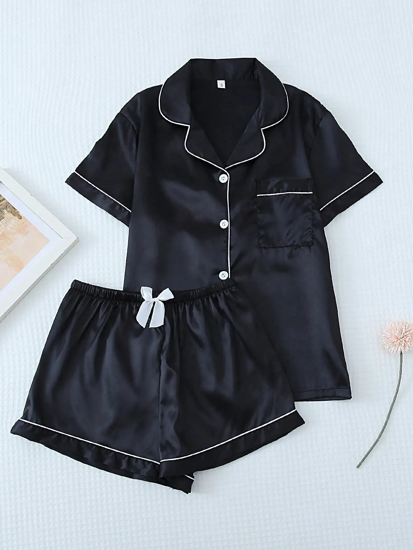 Teal Satin Pajama Set with White Trim, Short Sleeve Button-Up Top and Bowknot Shorts