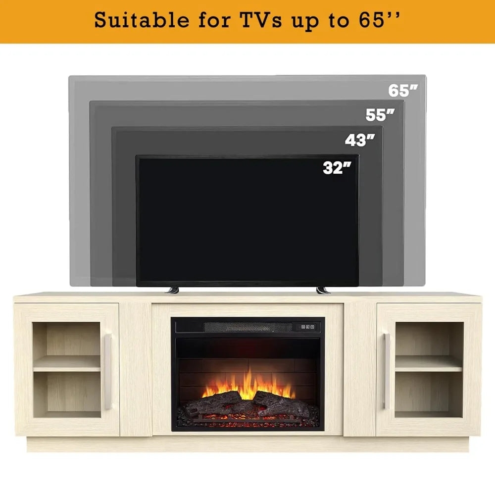 Customized 80 Inch TV Stand with Electric Fireplace, Antique White Entertainment Center Media Console, Barn Door Design with Sto