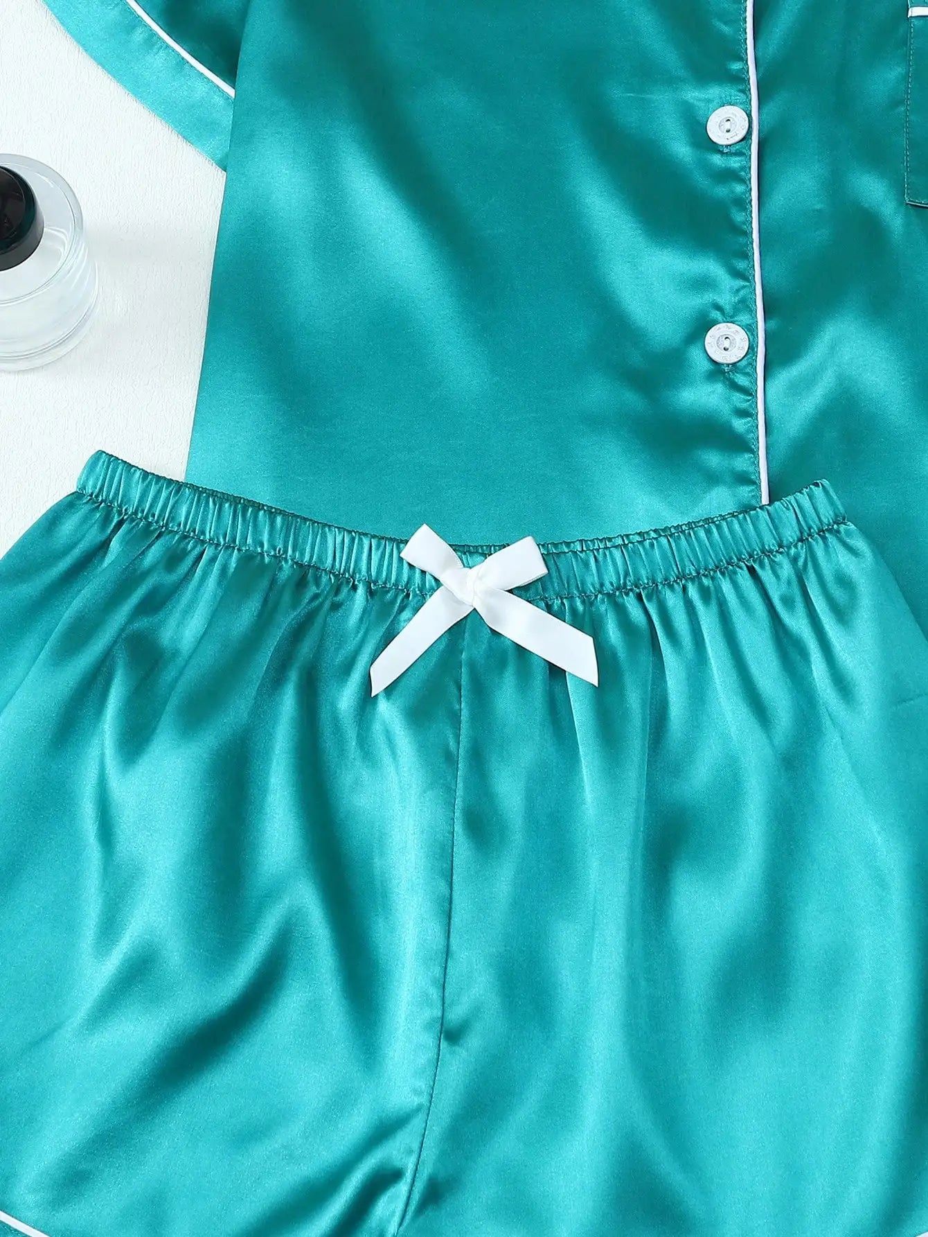 Teal Satin Pajama Set with White Trim, Short Sleeve Button-Up Top and Bowknot Shorts