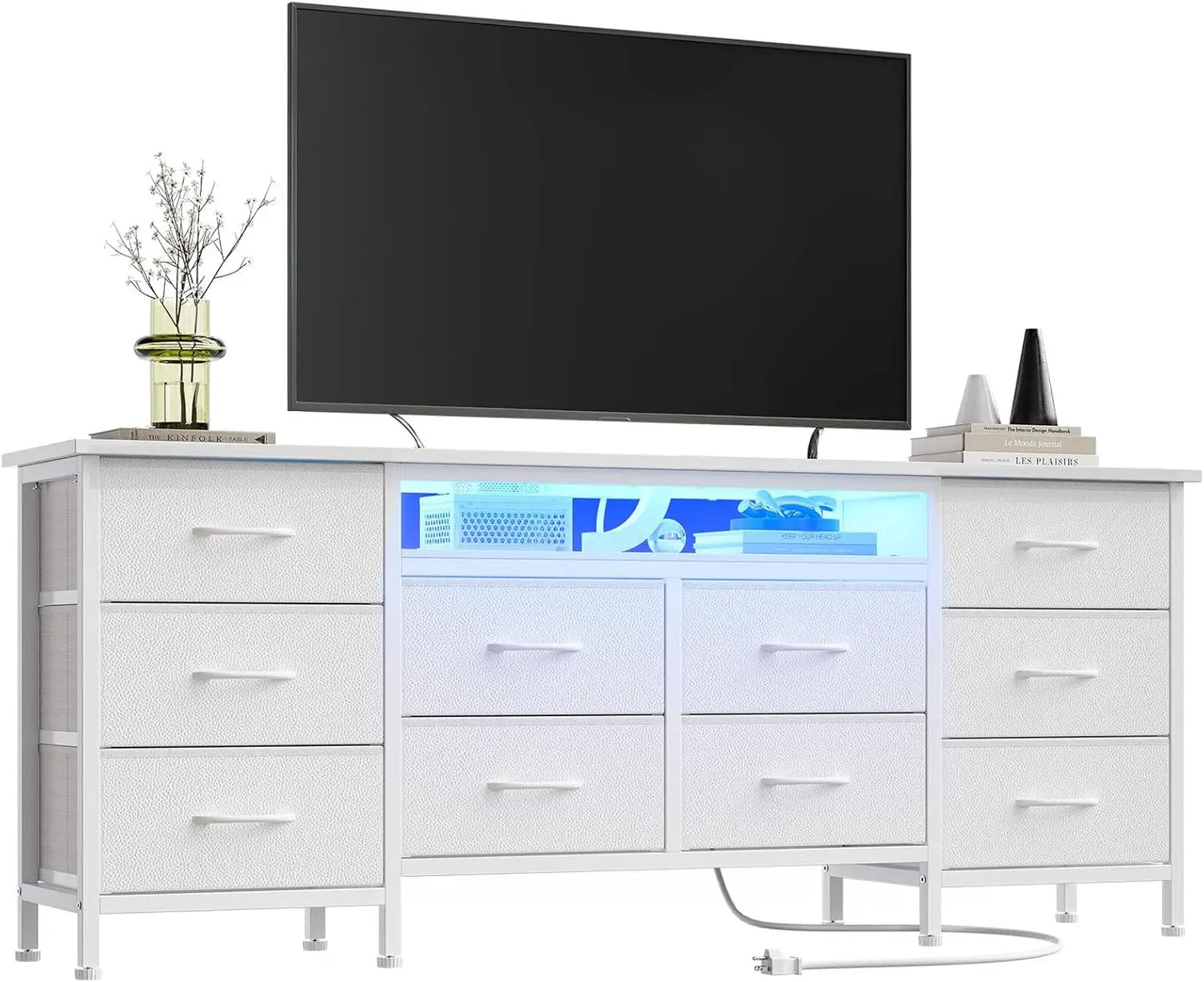 TV Stand for 65/70/75" TV, 10 Drawer Dresser with Power Outlets and LED Lights, Entertainment Center TV Stand Storage Drawers