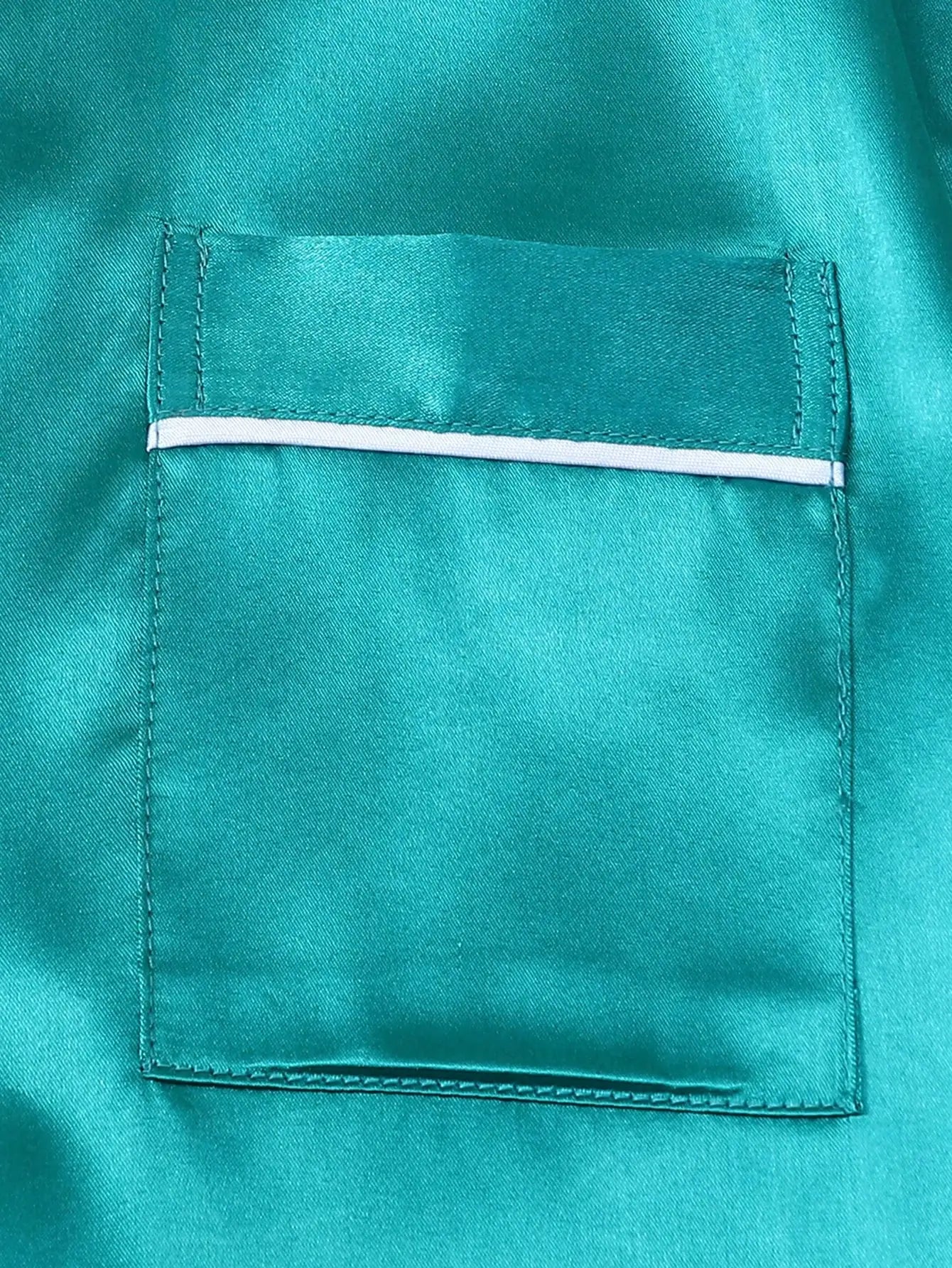 Teal Satin Pajama Set with White Trim, Short Sleeve Button-Up Top and Bowknot Shorts