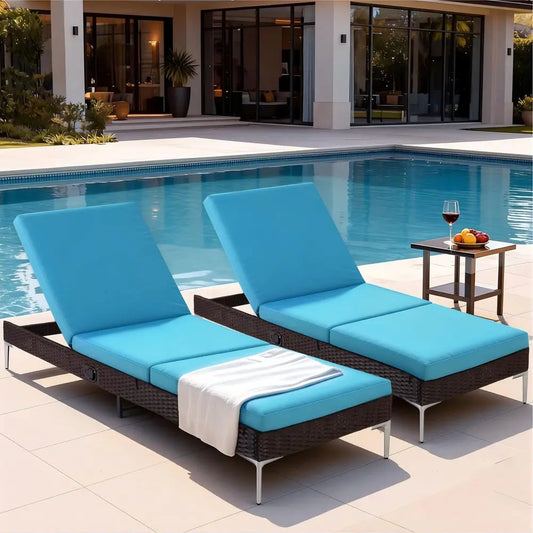 Outdoor Lounge Chairs Set of 2, Patio Wicker Chaise Lounge with Removable Cushion, Rattan Pool Sunbathing Recliners with Adjust