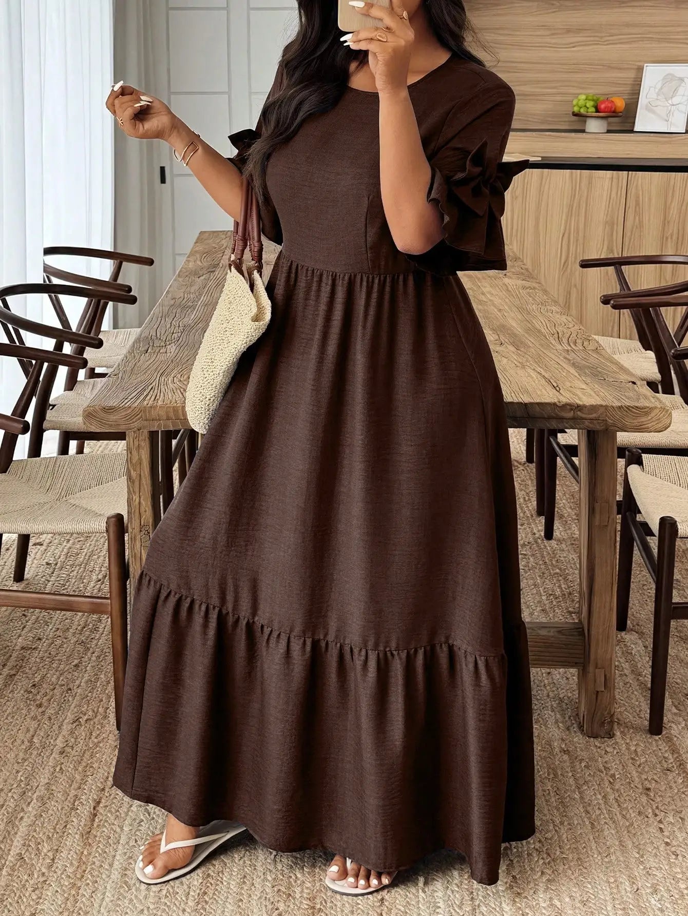 Navy Blue Solid Round Neck Ruffle Sleeve Maxi Dress with Tiered Skirt