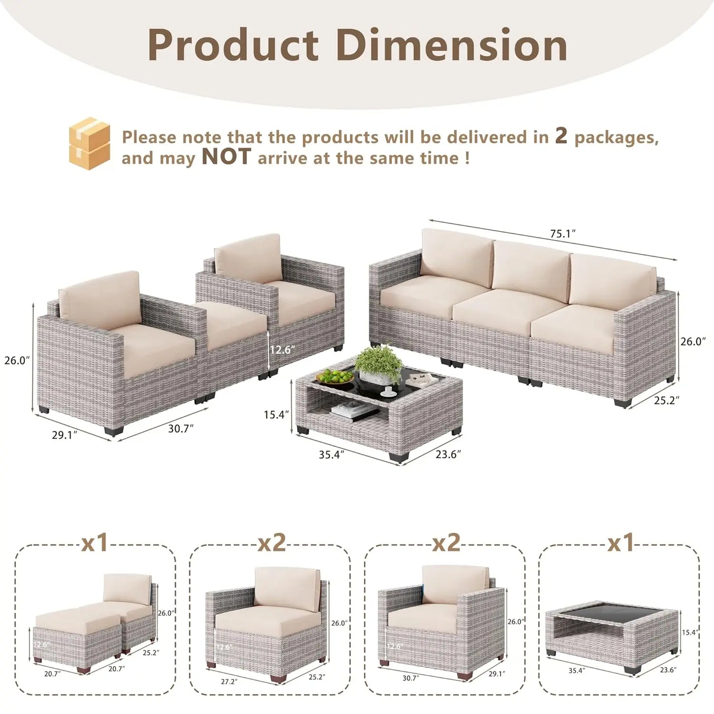 7 Piece Outdoor Patio Furniture Set, Rattan Chairs Glass Table Wicker Conversation Seating Sectional Sofa with Cushions, Custom