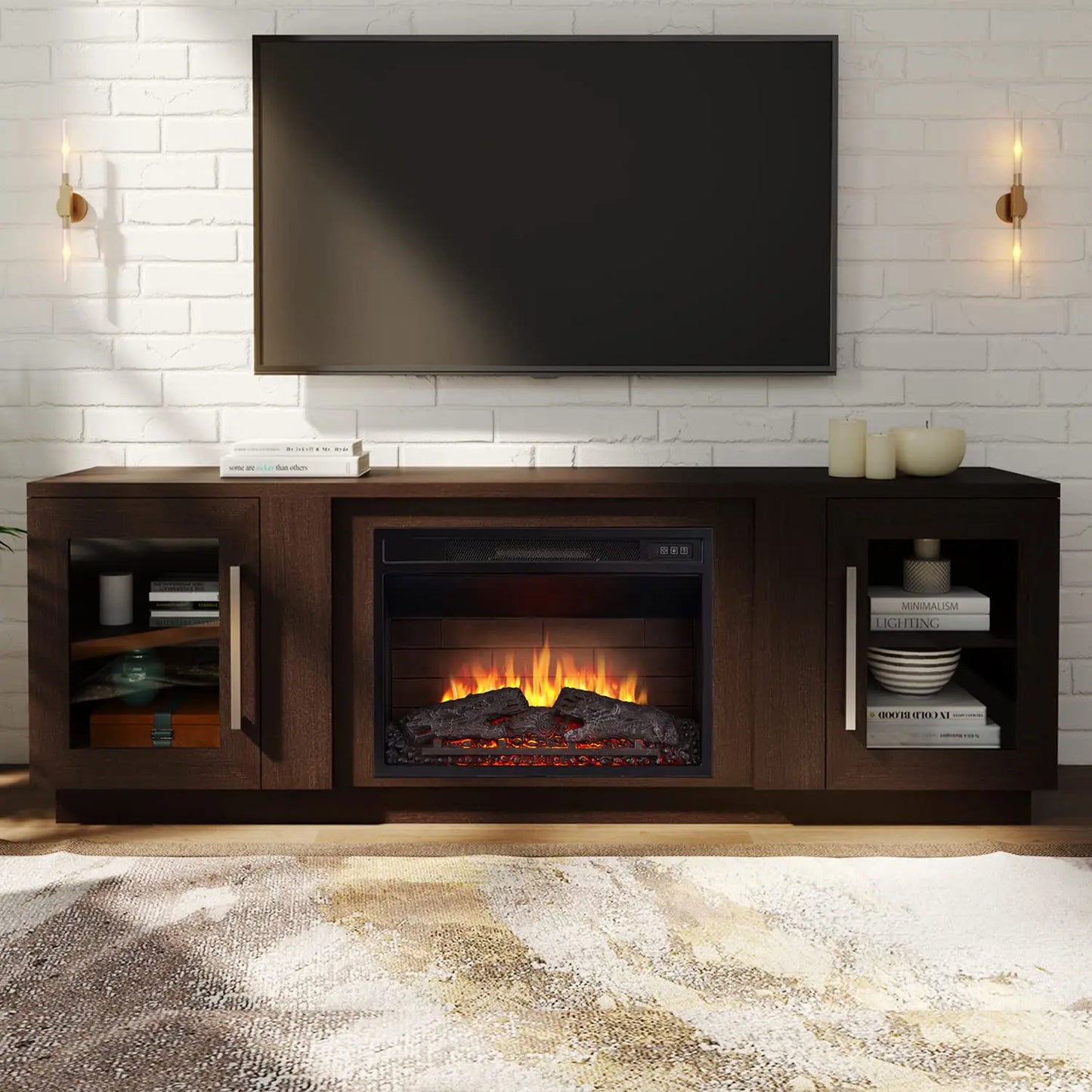Customized 80 Inch TV Stand with Electric Fireplace, Antique White Entertainment Center Media Console, Barn Door Design with Sto