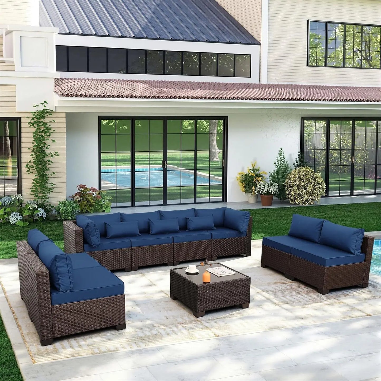 9 Pieces Outdoor Sectional All-Weather Wicker Patio Furniture Set Patio Sectional and Glass Patio Table Non-Slip, Customized