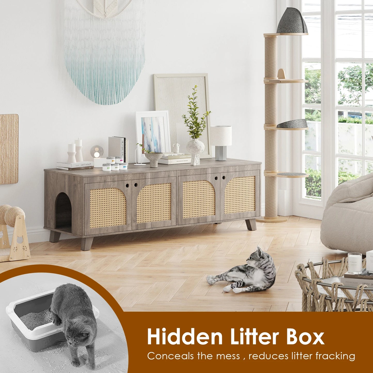 Flip Top Hidden Cat Litter Box Enclosure Furniture Cabinet with Rattan Decorated Doors for Your Home, Two Entrances