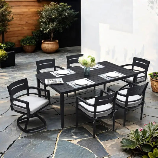 7-Piece Outdoor Patio Aluminum Furniture Set, Modern Dining Set with 4 Dining Chairs, 2 Swivel Rockers, Sunbrella Fabric