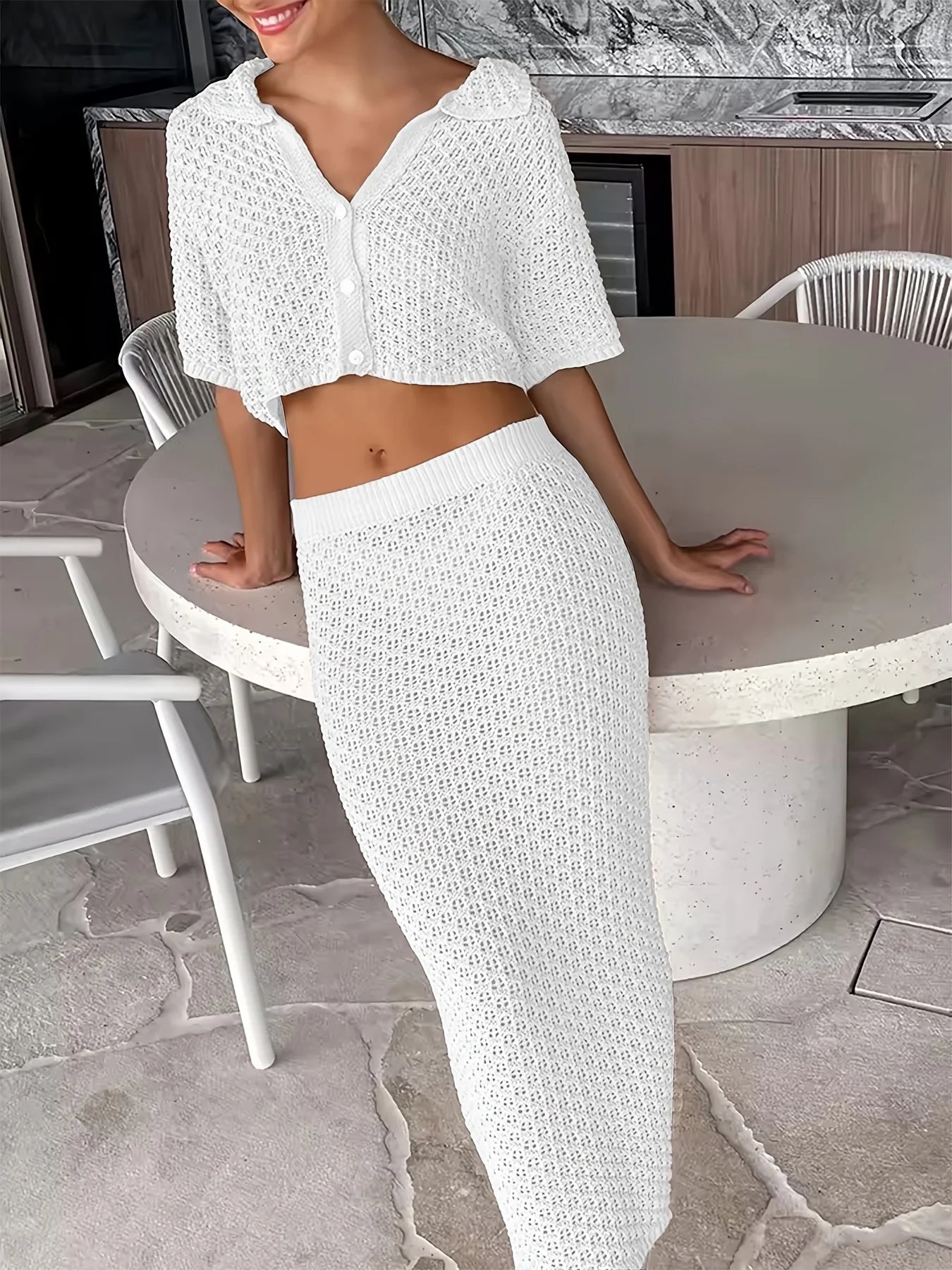 Women's White Hollow Out Knit 2-Piece Set Collared Short Sleeve Crop Top + Bodycon Midi Skirt