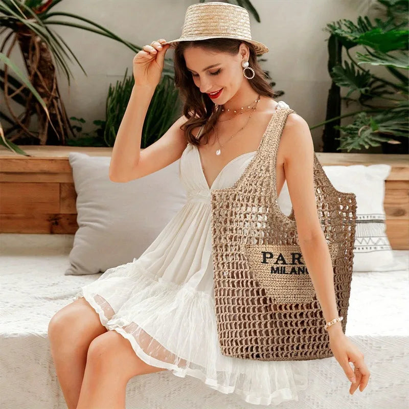 Summer Straw Beach Tote Bag Foldable Mesh Purse For Women Crossbody