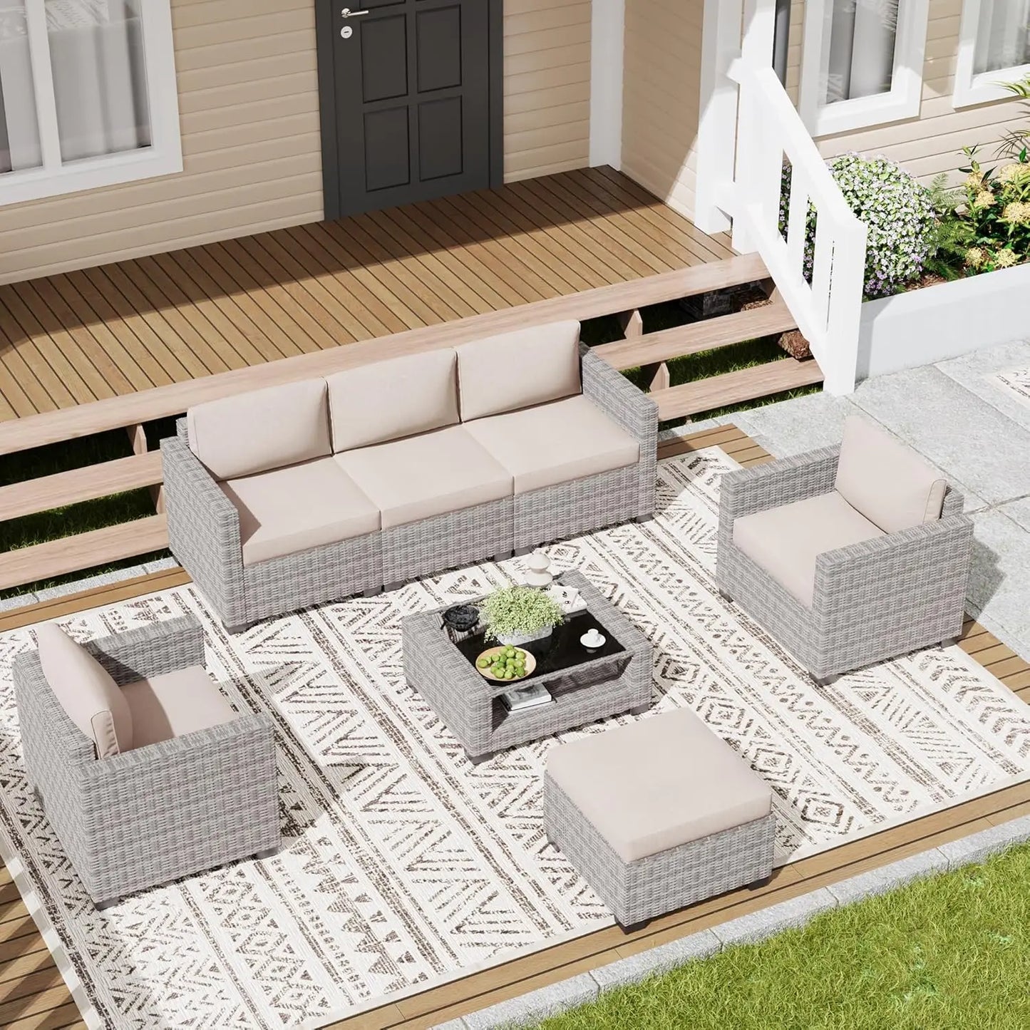 7 Piece Outdoor Patio Furniture Set, Rattan Chairs Glass Table Wicker Conversation Seating Sectional Sofa with Cushions, Custom