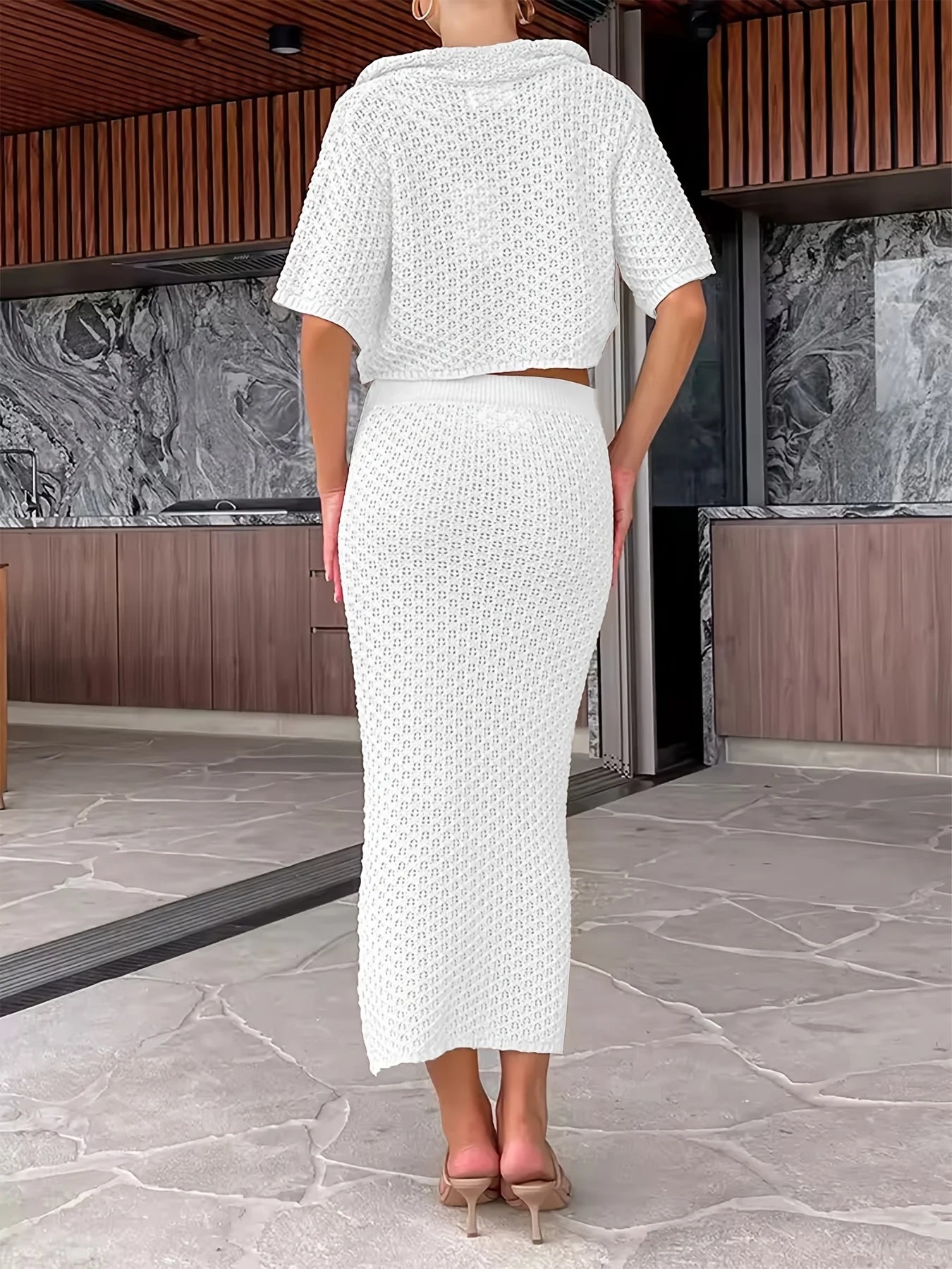 Women's White Hollow Out Knit 2-Piece Set Collared Short Sleeve Crop Top + Bodycon Midi Skirt