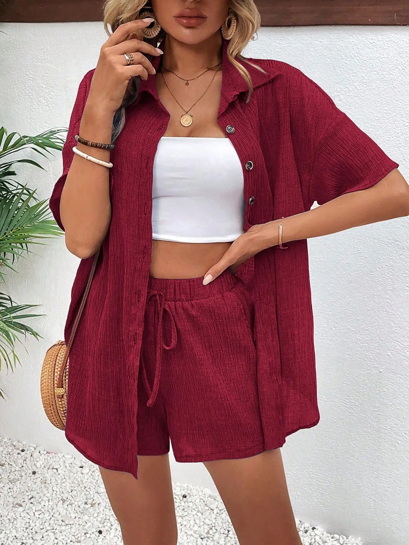 Women's Front Button Collar Short Sleeve Blouse And Tie Waist Shorts Set