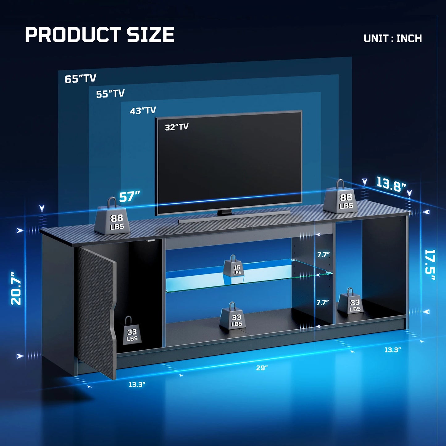 NOST&HOST 57" LED TV Stand for 55/60/65 Inch TVs - Gaming Entertainment Center with RGB Lights, Adjustable Glass Shelves & Cabinet for PS5